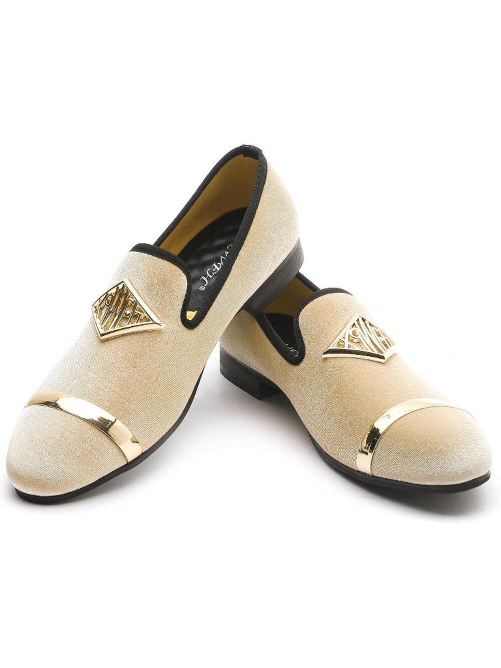 XQWFH Men's Beige Glitter Velvet Loafer Gold Buckle Slip On Spiked Fashion Shoes